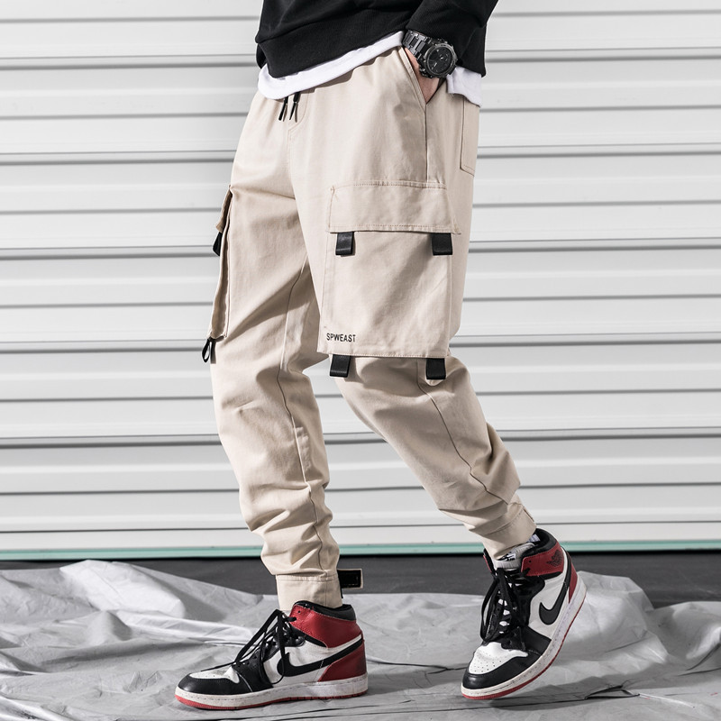 Men's Casual Street-wear Cargo Pants With Large Thigh Pockets - Khaki Color - Side View