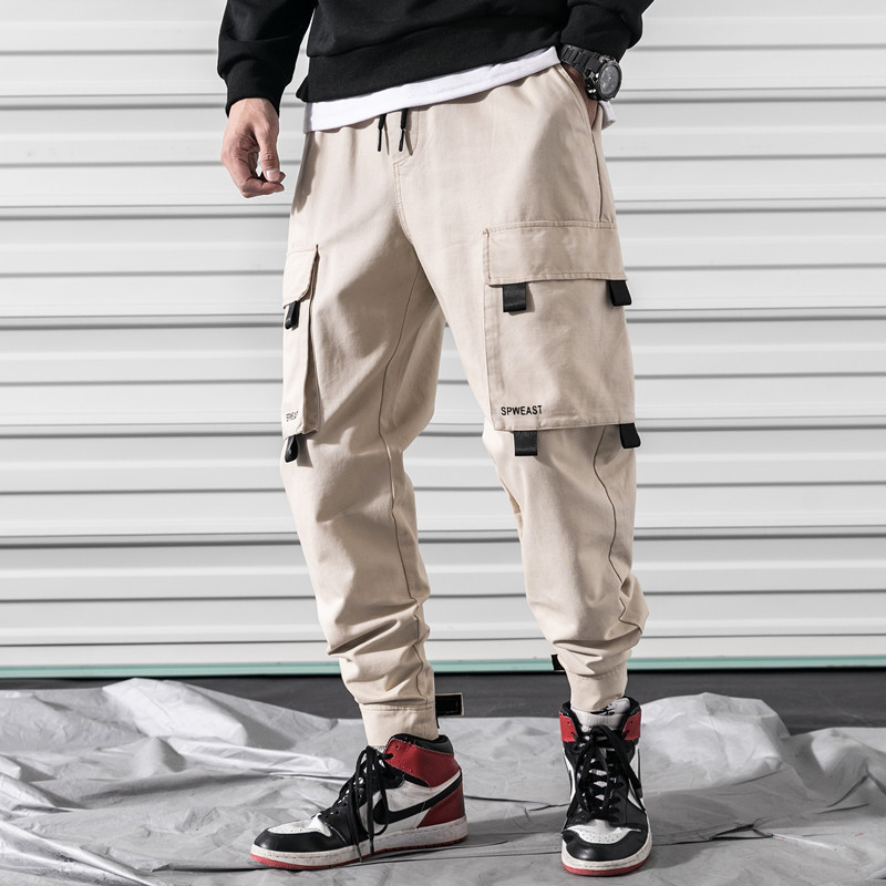 Men's Casual Street-wear Cargo Pants With Large Thigh Pockets - Khaki Color - Front View