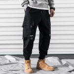 Men's Casual Street-wear Cargo Pants With Large Thigh Pockets - Black Color - Front View