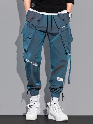 Men's Laser Reflective Hip Hop Cargo Pants - Blue Color - Front View
