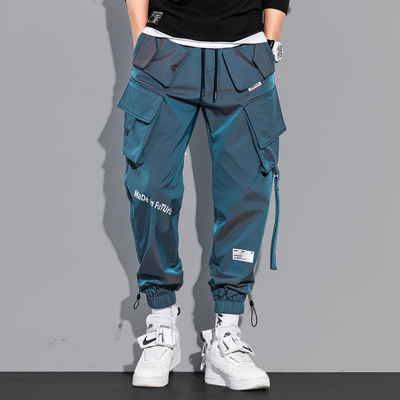 Men's Laser Reflective Hip Hop Cargo Pants - Blue Color - Front View