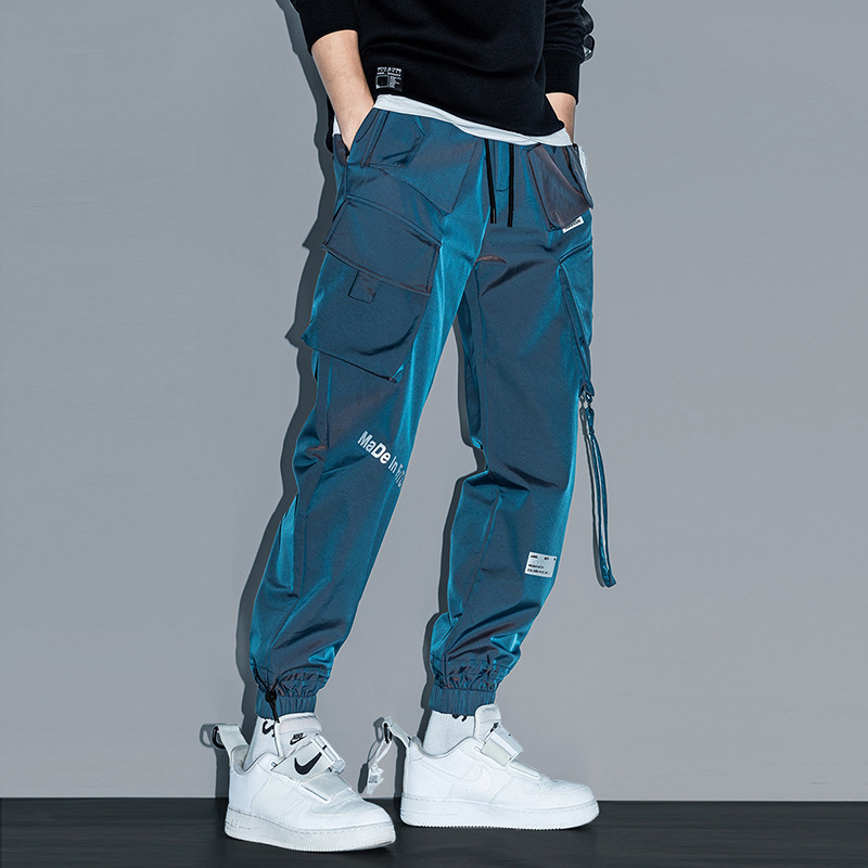 Men's Laser Reflective Hip Hop Cargo Pants - Blue Color - Side View