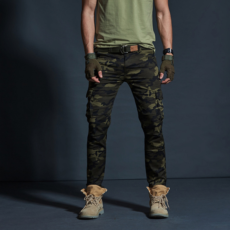 Men's Slim Fit Camouflage Cargo Pants - Green Color Camo